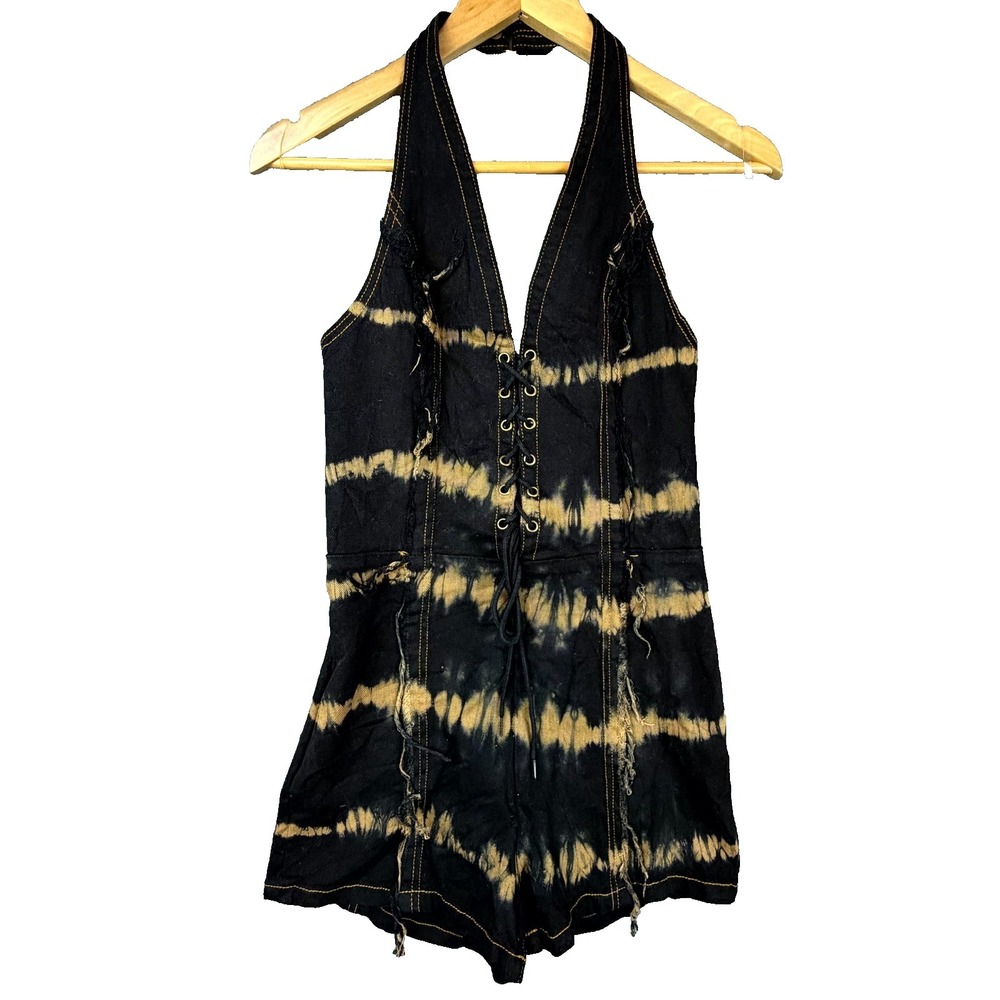 I.AM.GIA Arago Playsuit Women Small Black Tan Tie Dye Eyelet Lace Up Halter Neck